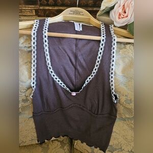 NWOT Out From Under Brown Tank Top with White Lace Trim